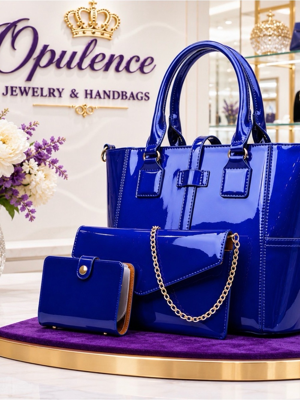 Patent Leather Tote & Clutch Set - Royal Blue